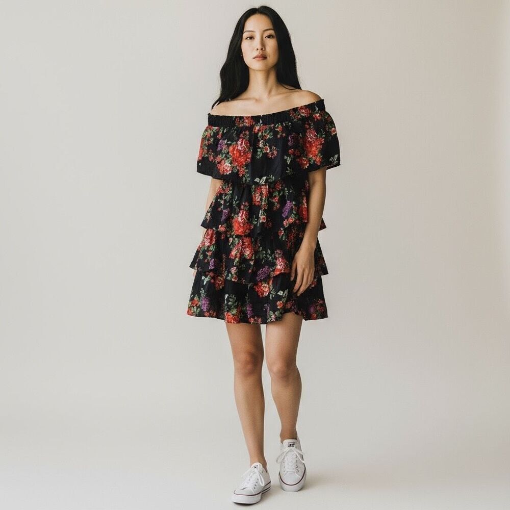 Almost Famous black & red floral strapless sleeve layered ruffle dress Size m/l